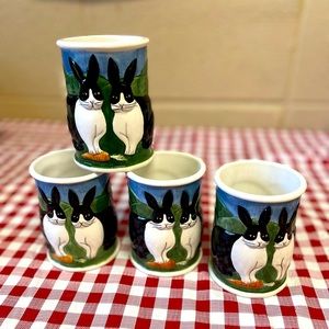 Set of Four Hand Painted Dutch Rabbit Handleless Mugs.